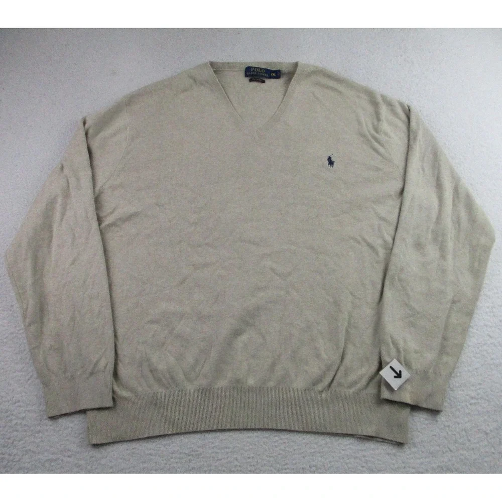 Polo Ralph Lauren Sweater Mens 2XL Beige V-Neck Pima Cotton Knit Pullover‎ Pony